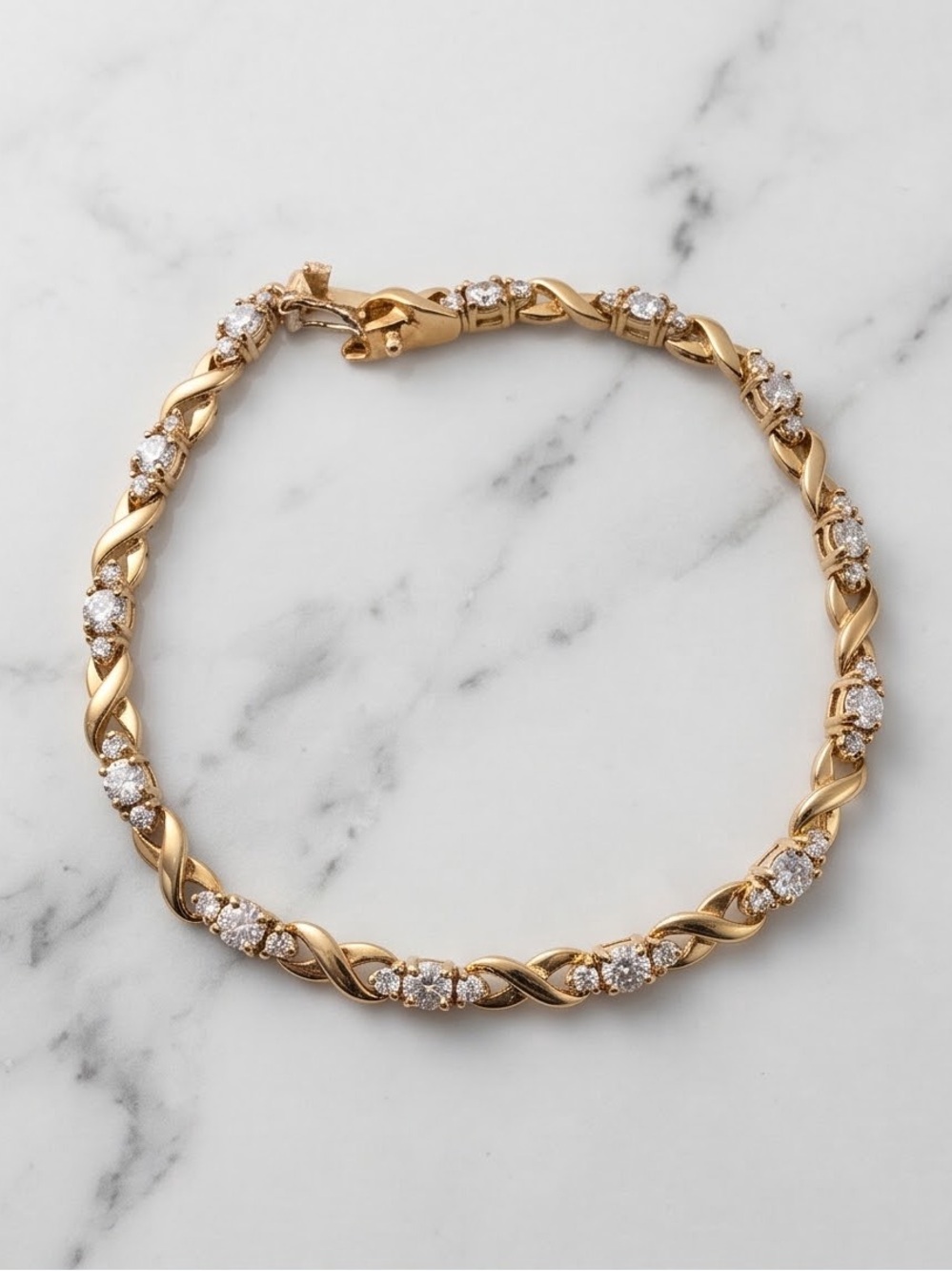Gold Plated .925 Sterling Silver Twist Link Bracelet with CZ Stones Safety Hook